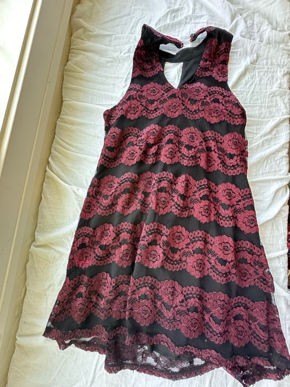 Altar'd State Burgundy Lace Overlay Dress with Black Base